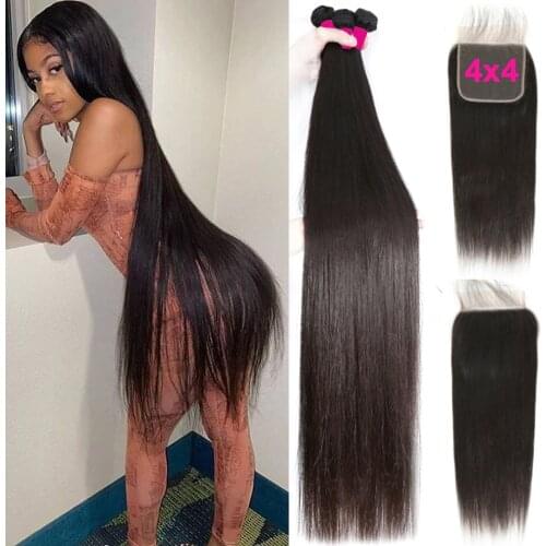 Bone Straight Hair 3 Bundles With Closure 30 Inch Brazilian Human Hair Wave For Black Women Bundles And A Closure Hair Extension