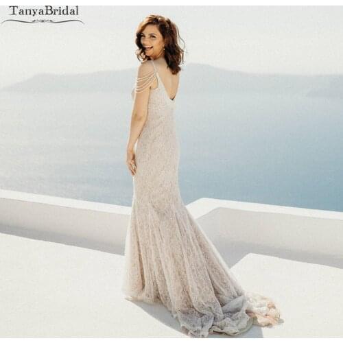 Mermaid Lace Wedding Dresses Nude Champagne lining Elegant Bridal Gowns Sleeveless Beading Vestido de Noivas DW401