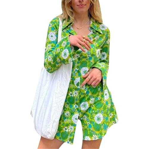 Y2K Fashion Wrap Floral Print Summer Casual Beach Sexy Mini Dress Women Chic Green Pink Long Sleeve Blouse Dress 2021
