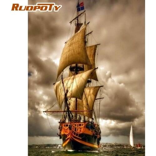 RUOPOTY Sail Boat On Sea Landscape DIY Painting By Numbers Framed Oil Paints Kits Acrylic Pigment On Canvas Digital Craft Home