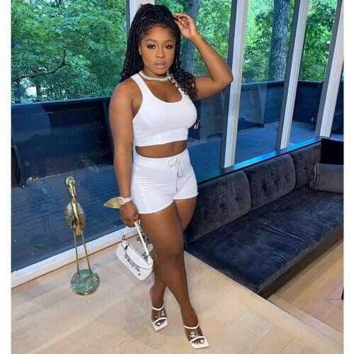 Solid Sports Fitness Shorts Tracksuit Summer Clothes For Women Casual Drawstring Tank Crop Top Biker Shorts Two Piece Set Outfit