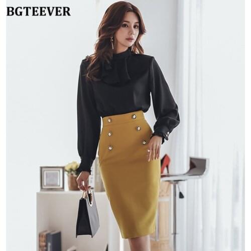 BGTEEVER Office Ladies O-neck Patchwork Women Dress Elegant Ruffles Hip Package Female Dress 2021 Spring Workwear Women Vestidos