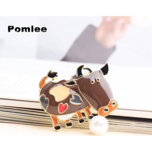Pomlee 6colors Enamel Cute Milk Cow Brooches For Women Chinese Bull Year Design Fashion Kids Cartoon Animal Pin Brooch Good Gift