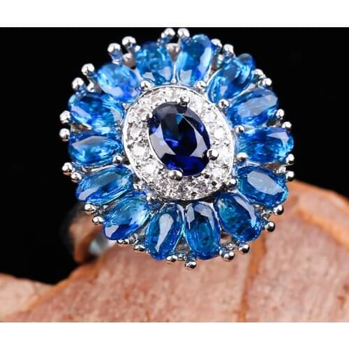 Luxury Sunflower Inlaid Blue Cubic Zirconia Rings Luxury Exquisite Large CZ Stone Party Rings For Women Elegant Wedding Jewelry