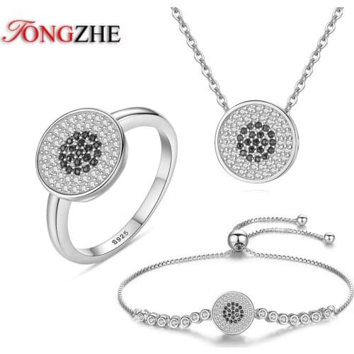 TONGZHE Luxury Women Jewelry Set Turkey Evil Eye Black Zirconia 925 Sterling Silver Bracelet/Necklace/Ring Mens Tiffan Jewelery