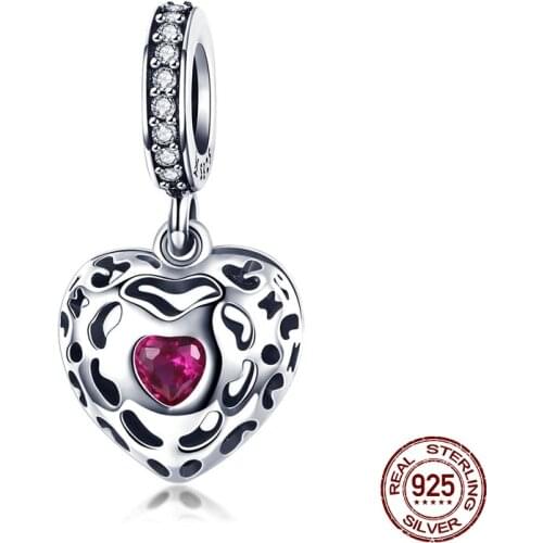 Sterling Silver 925 Heart Shaped Pink CZ Pendant Charms fit Women Original Bracelet & Necklace Jewelry DIY