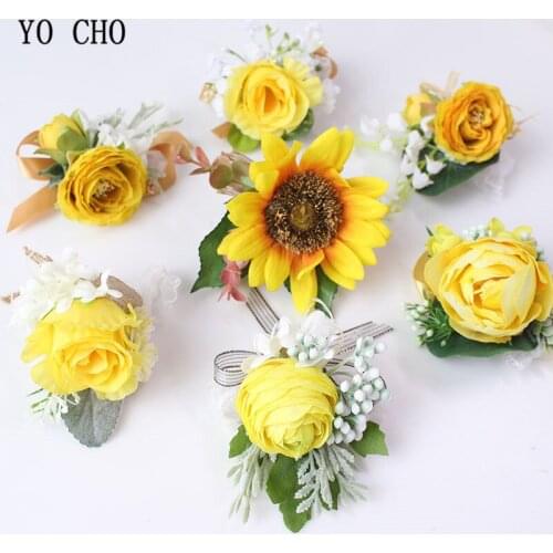 YO CHO Bridesmaid Wrist Corsage Wedding Bride Bracelet Groom Boutonniere Yellow Silk Rose Sunflowers Wedding Witness Men Corsage