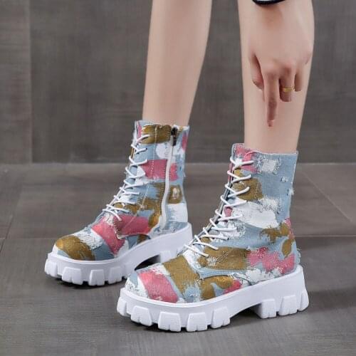 GIGIFOX Brand New INS Hot Camouflage Mixed Color Fashion Casual Platform Chunky Heels Canvas Ankle Boots Shoes Woman