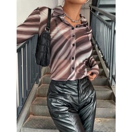 Women’s Button Down Shirts Chic Fashion See Through Striped Print Sheer Mesh Lapel Tops Party Club Long Sleeve Shirt
