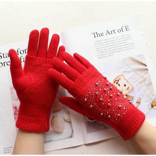 Bickmods New Ladies Knitted Gloves Red Fashion Double Layer Diamond Cold-Proof Winter Warm Gloves