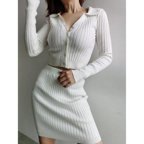 New Autumn Woman 2021 Two-piece Suit Slim Fit Big Elastic Collar Button Knit Cardigan Hanging Striped Hip Skirt A586