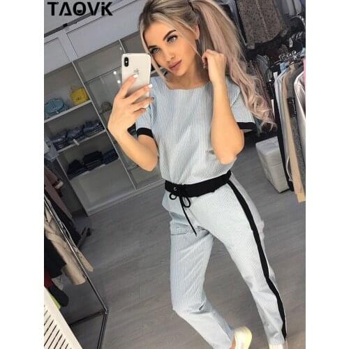 TAOVK Short Sleeve Top+Pant Suits Gray Black Trouser Suit for women 2 Piece Set slim T-shirt and trousers tracksuit