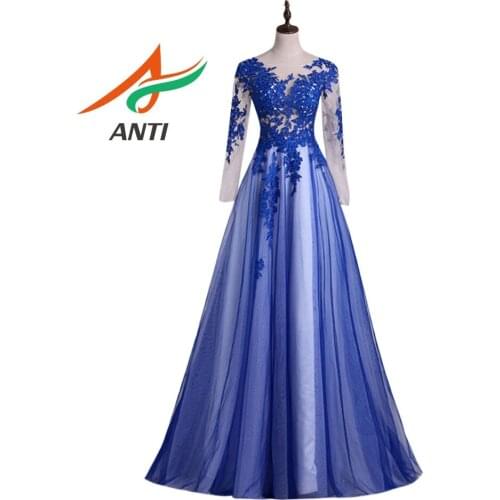 ANTI Royal Blue A-Line Evening Dress Long sleeve Elegant Appliques Formal Gowns Celebrity Guest Dress Vestido De Novia 2019