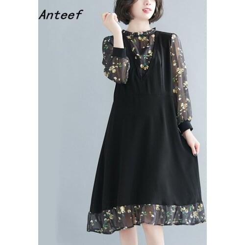 Anteef plus size black mesh vintage floral dresses for women casual loose midi spring autumn dress elegant clothing 2021