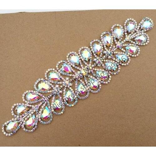 1pc/lot gorgeous teardrop AB glass crystal rhinestone gold applique long strass dress trimmings for costume gown embellishments