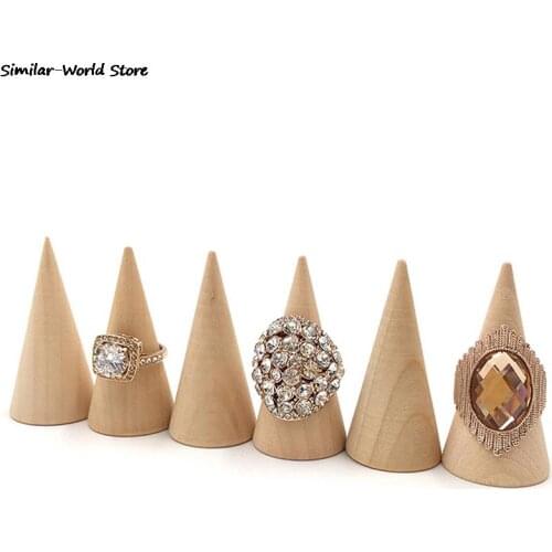 1PCS Ring Holder Vintage Natural Unpainted Wood Finger Cone Jewelry Display Stand Organizer Storage Rack Showcase For Exhibit