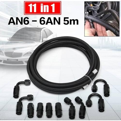 11Pcs Fitting Hose End Adaptor Kit Black AN6 - 6AN 5M Nylon Steel Braided Tube Racing Hose End Swivel Male Fitting Adapter