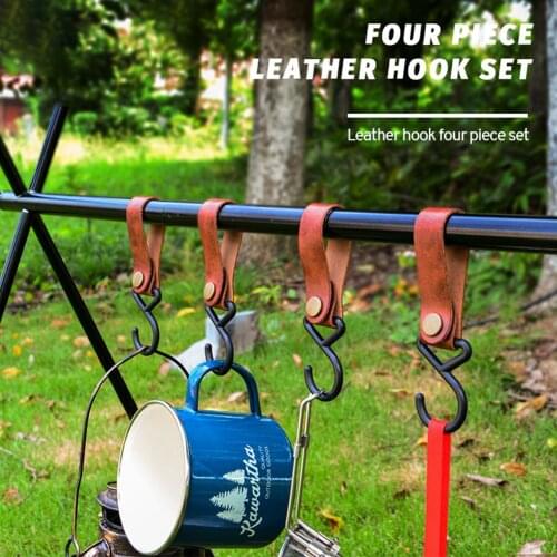 Sundick 4Pcs Outdoor Cookware Hanging Rack Hook Triangular Pot Pan Lamp Holder Hook Leather Hook for Camping Hiking Hanging Item