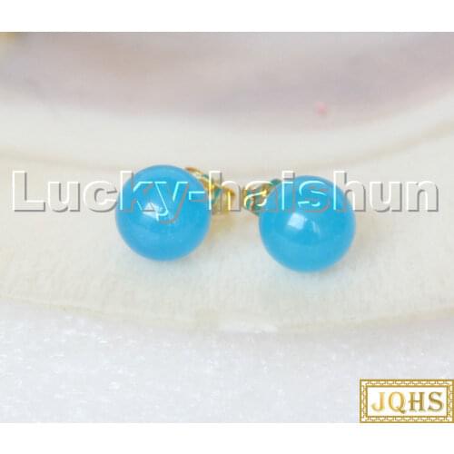 AAA natural Studs 10mm round sky-blue Jade beads Earrings 14K gold post c293