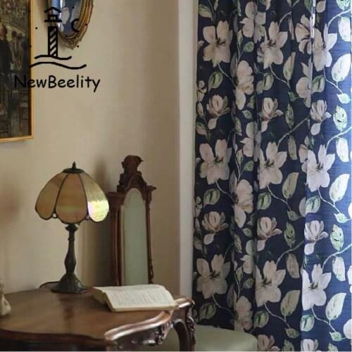 American Curtains for Living Dining Room Bedroom Retro Blue Big Flower Navy Pastoral Imitation Cotton and Linen Curtains Tulles