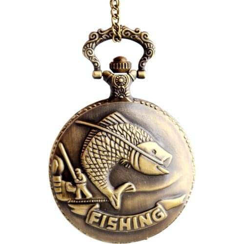 Antique Bronze Fishing Fish Watch Pendant Chain Necklace Fisherman Jewelry Gift Necklace Fish Pendant Gift For Fish Lover Jewel