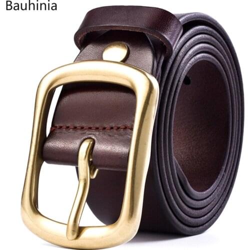 Bauhinia110-125cm Mens First Layer Cowhide Luxury Belt Youth Casual Classic Simple Pure Copper Pin Buckle Belt