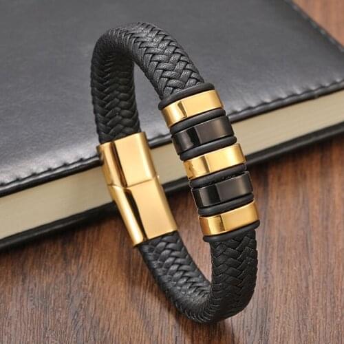TeHao Cool Punk Black Gold Stainless Steel Magnetic Button Design Genuine Leather Bracelet for Men Fashion Bangles Male Gift