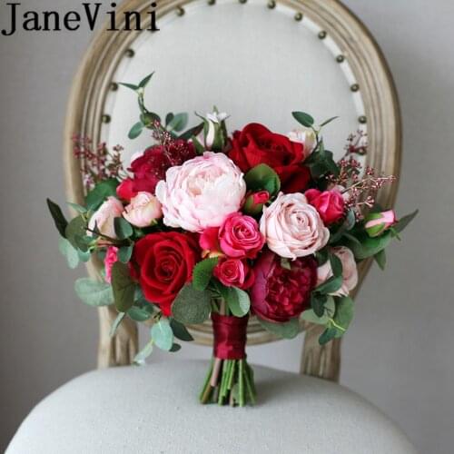 JaneVini Chinese Red Rose Wedding Bouquet for Bride Silk Bridal Holding Flowers Artificial Pink Peony Bouquet Fleur Artificielle