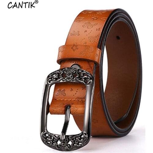 CANTIK Women Design Floral Pattern Cow Leather Belts Retro Alloy Pin Buckle Jeans Female&Male Accessories 3.3cm Width FCA112