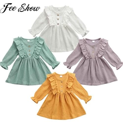 Toddler Kids Baby Girl Spring Dress Girls Ruffles Long Sleeve Cotton Linen Party Casual Button Solid Dress Sundress Clothes 0-4Y