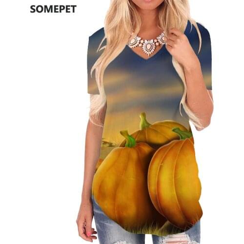 SOMEPET Pumpkin T-shirt women Halloween V-neck Tshirt Moon T-shirts 3d Harajuku Shirt Print Womens Clothing Fashion Loose