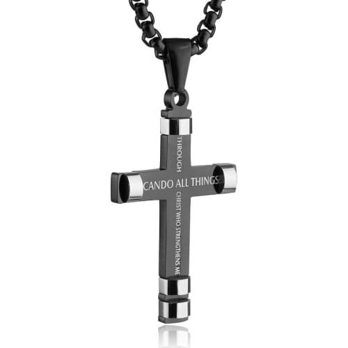 HZMAN Philippians 4:13 Cross Pendant Strength Bible Verse Stainless Steel Necklace 3 Colors Available