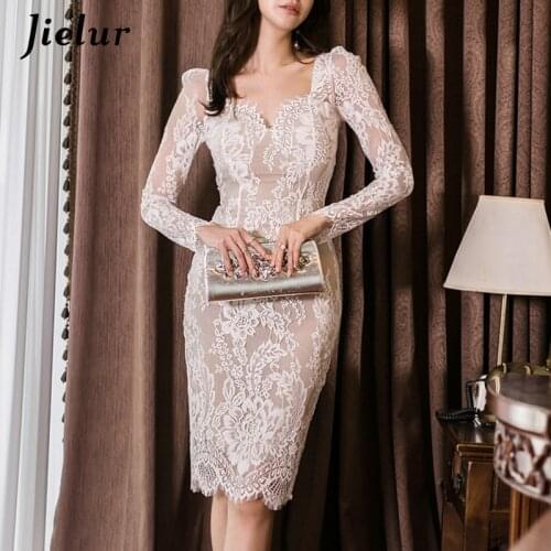 Jielur New Elegant Lace Dresses Women Slim Fashion White Lady Sexy Dress Sheath Package Hip Night-club Dress 2021 Spring Summer