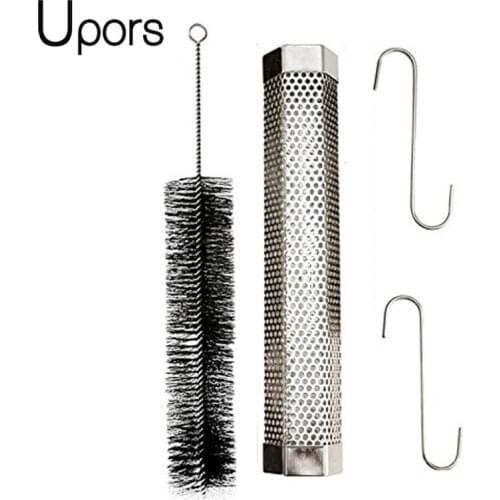 UPORS 12 Inch Stainless Steel BBQ Smoker Hexagon Shape Perforated Mesh Smoker Tube With Brush + 2 S-hooks BBQ Tools Grill