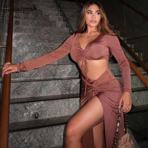 Josiaoprah Summer V-Neck Sexy Long Dress Women Brown High Split Bandage Dress Femme Hollow Out Party Dresses Vestidos 2021