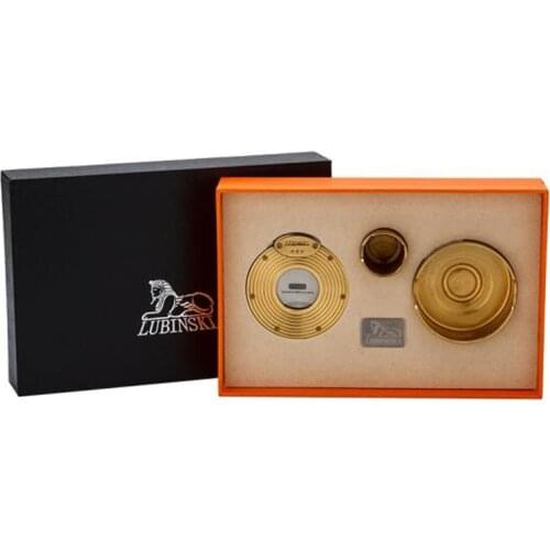 LUBINSKI Multifunctional Metal Round Gold Cigar Cigarette Ashtray W/Sharp Cutter Holder Tobacco Smoking Tool Set For COHIBA