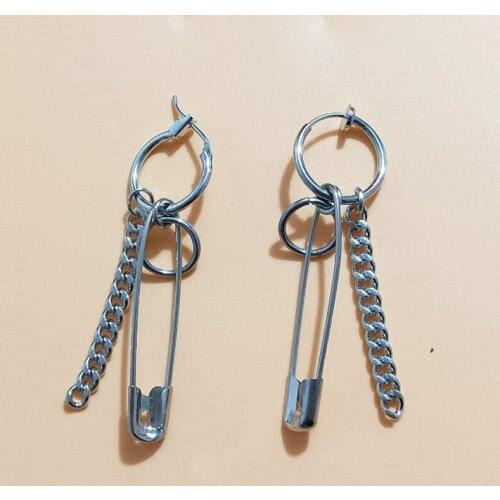 New Stainless Steel Punk Pin Chain Earrings Men Safety Steel Clip Earrings Fashion Earrings for Women Rock No Piercing Jewelry