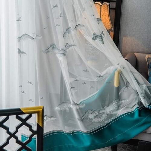 Chinese Style Sheer Curtains for Living Room Embroidered Landscape Mountain Pastoral Rural Balcony Sliding Door Window Drapes