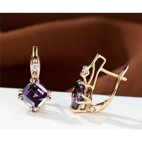 Purple Crystal White Zircon Hoop Earrings Rose Gold Color Small Earrings Geometric Square Small Stone Earrings For Women Wedding