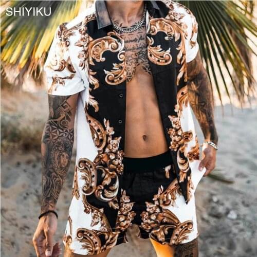 SHIYIKU Fashion Hawaiian Sleeve Shirt Set Brand Mens Beach Coconut Print Shorts Mens Daily Beach Shirt Set Two-Piece S-3XL