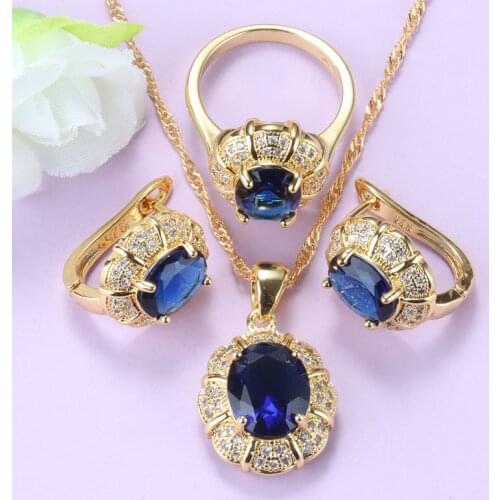 Bridal Jewelry Sets Blue Semi-Precious Stones Fashion Women Accessories African Gold Color Clip Earrings Necklace And Pendant