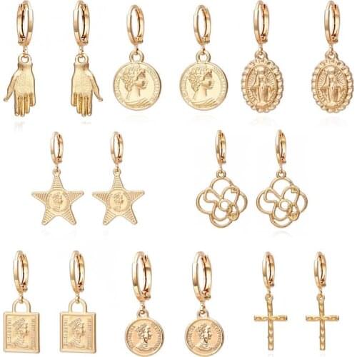Queen Coin Drop Earrings For Women Vintage Carved Portrait Hand Star Shape Golden Cross Dangle Earring Fashion Jewelry Gifts