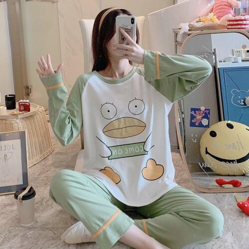 Women Sleepwear Cotton Pajamas Spring Fall Pyjamas Cartoon Nighty Loose Version Pajamas Plus Size XXL Pullover