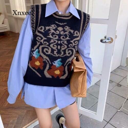 Sleeveless Knitted Vest Women Sweet Korean Sweater Jumpers Female Jacquard Loose Winter Tops Chic Folks Style Harajuku Clothing