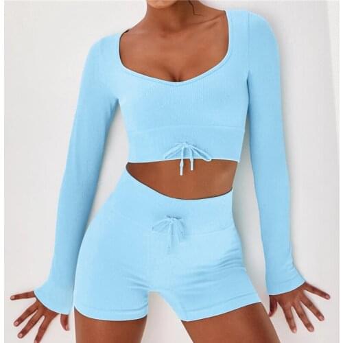 2021 Leisure Women Fitness Shorts Suit Gym Clothing Yoga Shirt Long Sleeve Seamless Crop Top Workout Clothes Sportswear