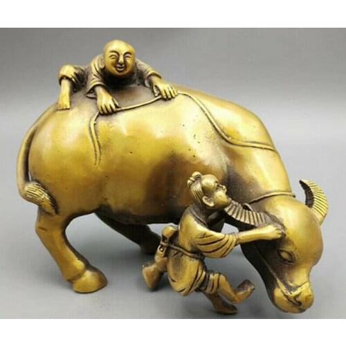 4.7"Collect Chinese Bronze Young Boy Girl Ride Bull Oxen Cattle Ox Animal Statue