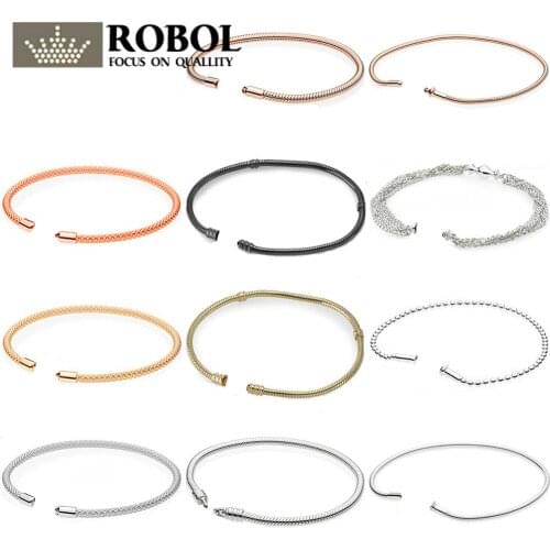 RLLEN 5 100% 925 Silver Basic Bracelet (Multiple Style Selection) Gold Color Rose Gold Silver Color DIY Beaded Chain Head