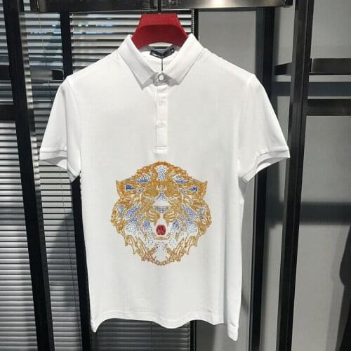 Full Personality Korean Version of Rhinestone Quick Dry Shirt Lapel Short-Sleeved Big Lion Head Crystal Hot Sale Mens Polo