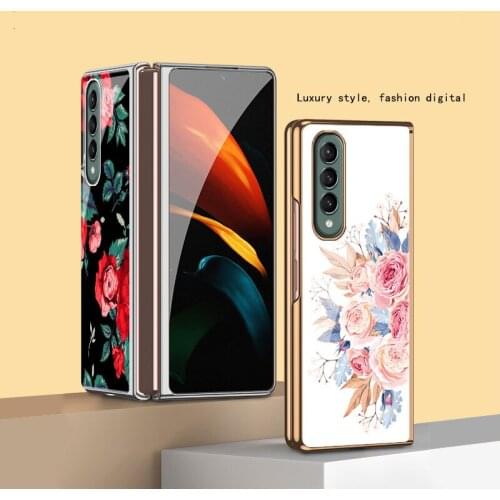 Z Fold 3 Funda Case for Samsung Galaxy Z Fold 3 Z Fold 2 Rose Flower Fish Pattern Plating Tempered Glass Coque Phone Case Cover