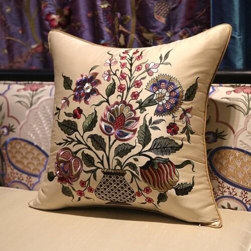 DUNXDECO Garden Cushion Cover For Couch Decorative Pillow Case National Flora Embroidery Beige Blue Sofa Chair Coussin